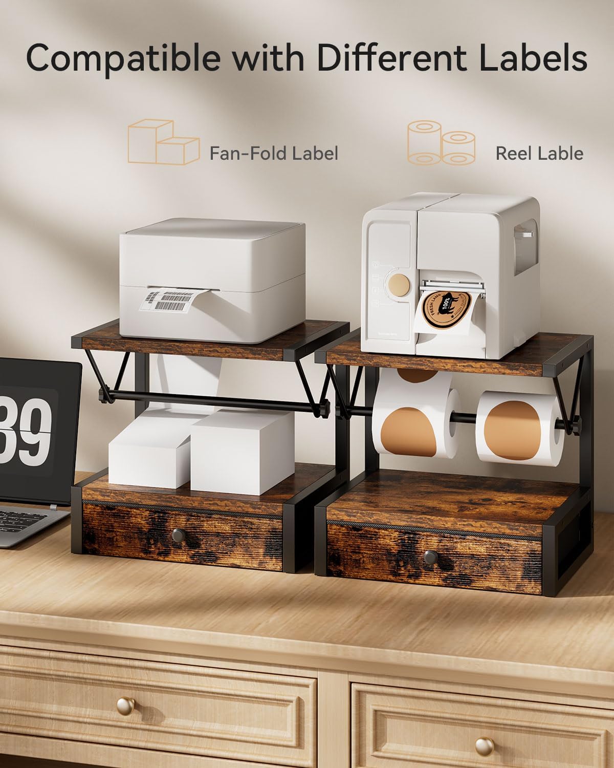 IBUYKE Label Holder for Rolls and Fan-Fold Labels,Wooden Thermal Shipping Label Stand with Drawer Desktop Printer Holder for Home, Office, Small Business,Brown TPS003H