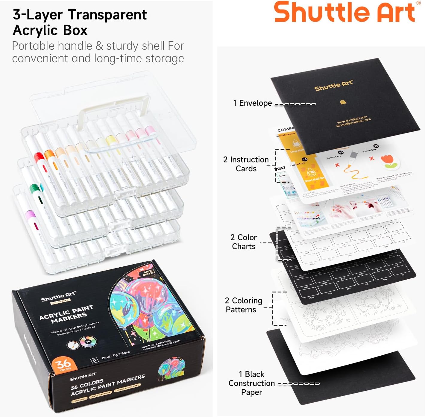 Shuttle Art Automatic Ink Control Acrylic Paint Markers, 36 Colors Brush Tip Acrylic Paint Pens for Rock Painting, Ceramic, Wood, Canvas, Glass, Stone, Fabric, Card Making, DIY & Art Supplies