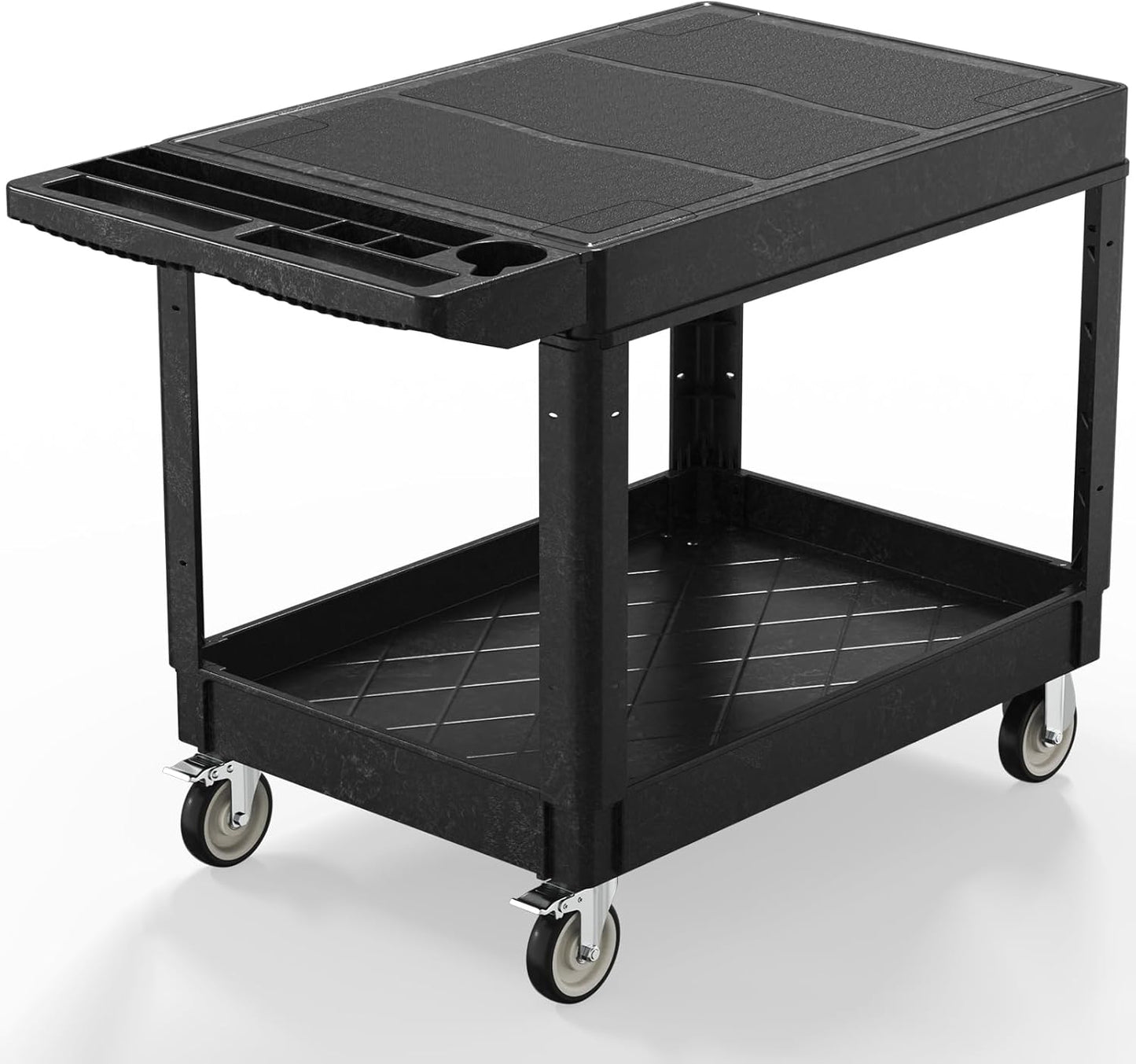Utility Cart on Wheels, Heavy Duty Large Flat Top Rolling Service Cart, 46 x 25 Inch Work Carts, 2 Shelf 1000 lbs Capacity Plastic Tool Cart, for Warehouse, Garage, Cleaning, Black