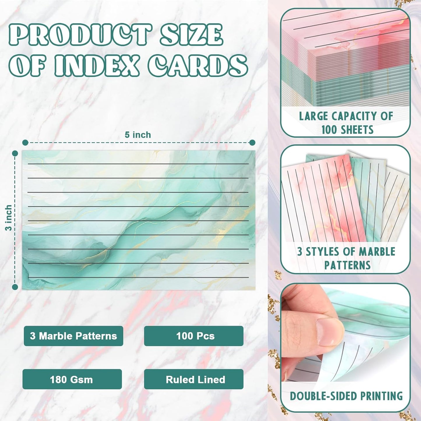 100 Pack Colored Index Cards 3x5 Marble Notecards Lined FlashCards for Studying Heavy Note Cards 180 gsm Memo Cards for Office Home School Supplies
