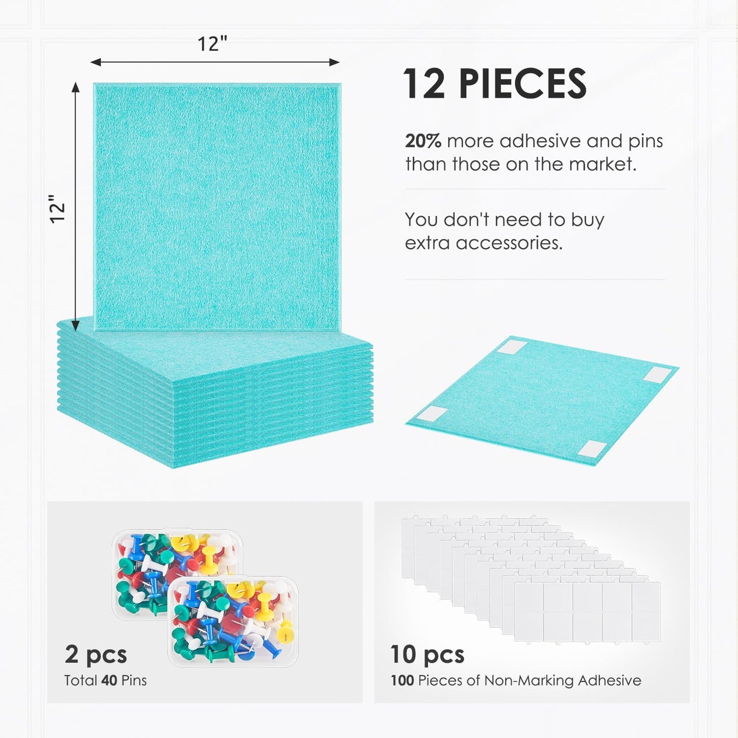 Cork Board for Wall,48"x36" 12 Pack Felt Wall Tiles with Safe Removable Adhesive Tabs, Bulletin Boards for Home Office Kitchen, Pin Board Notice Board for Photos, Memos, Baby Blue