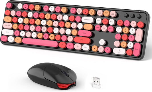 Wireless Keyboard and Mouse Combo, 104 Keys Full-Sized 2.4 GHz Round Keycap Typewriter Keyboards, USB Receiver Plug and Play, for Windows, Computer, PC, Laptop, Desktop (Black Colorful)
