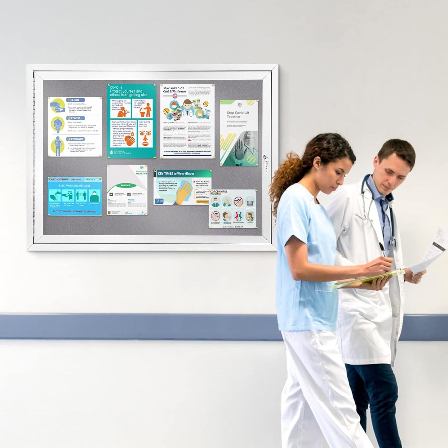 SWANCROWN Enclosed Bulletin Board Grey Felt Displays Boards Weather Resistant Wall Mounted Notice Case,37x28inches