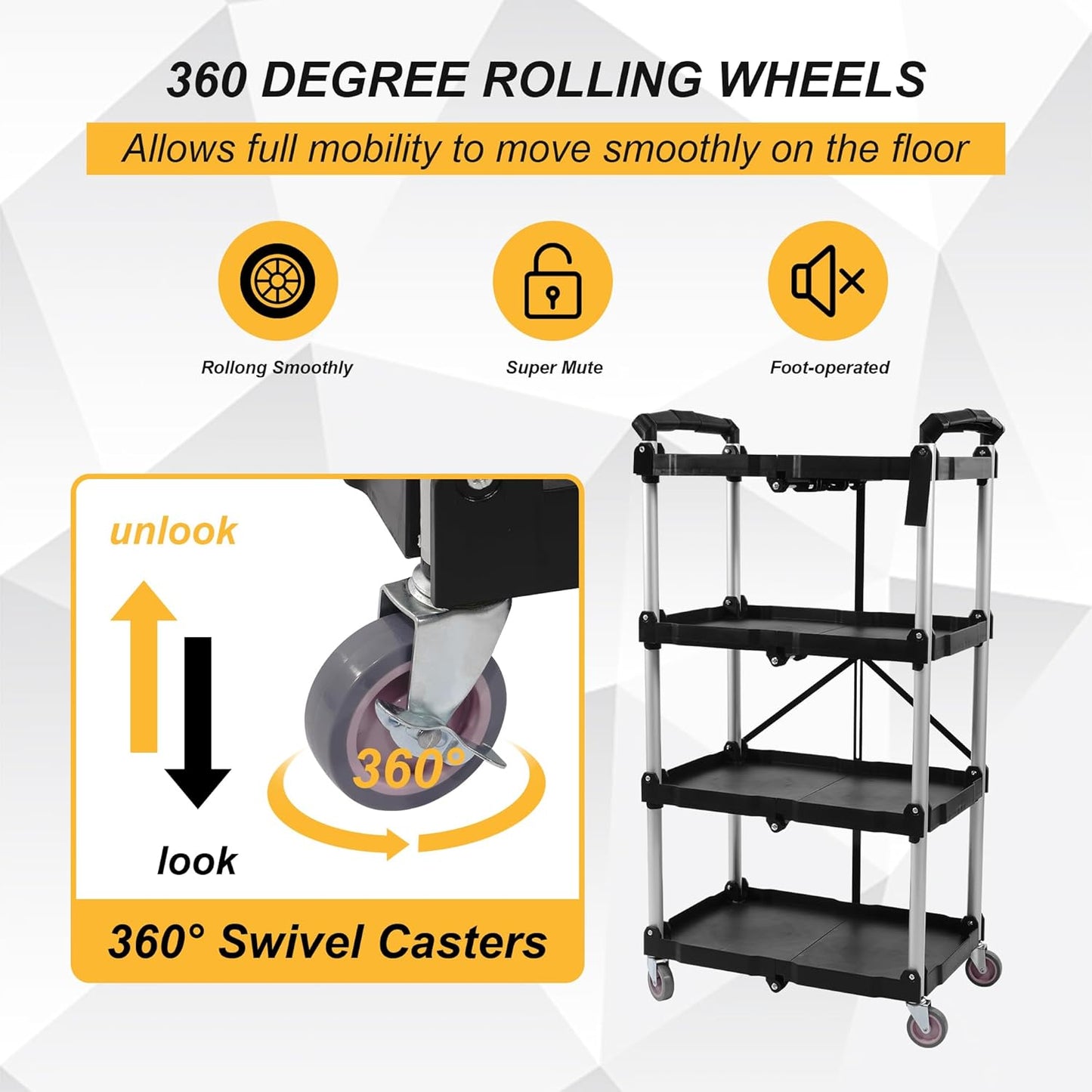 Folding Utility Cart, Portable Collapsible Service, 4 Shelf Heavy Duty Collapsible Tool with Wheels, Suitable for Office Warehouse Home, Black