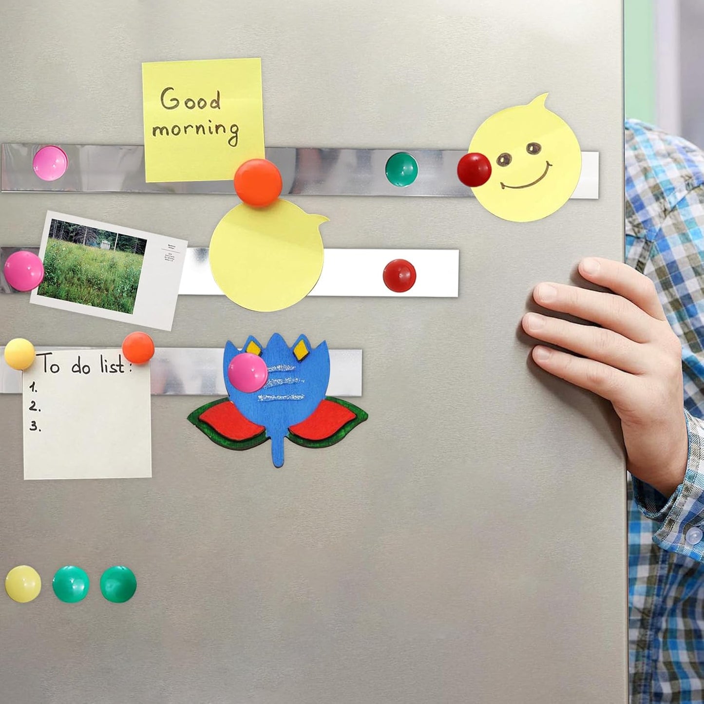 Flexible Self Adhesive Metal Strip for Magnet, Strong Peel and Stick Ferrous Tape Roll with 50pcs Magnets for Workshop, Office, School and Home Decoration (Shiny Silver, 16.4ft x 1.6inch)