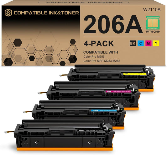 206A Toner Cartridges 4 Pack (with Chip) Works with HP Color Pro MFP M283fdw M283cdw, Pro M255dw M255nw, MFP M282nw M283 M282 M255 Printer | W2110A W2111A W2112A W2113A 206X W2110X