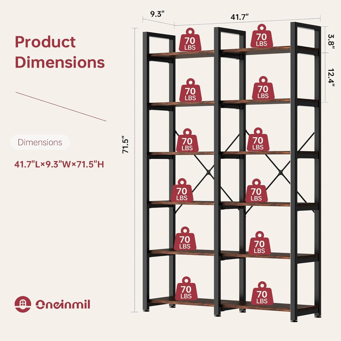 oneinmil Bookshelf 6 Tier, 71.5'' Industrial Wood Bookshelves, Book Shelf with 12 Open Display Shelves & Metal Frame, Tall Bookcase for Home and Office, Rustic Brown