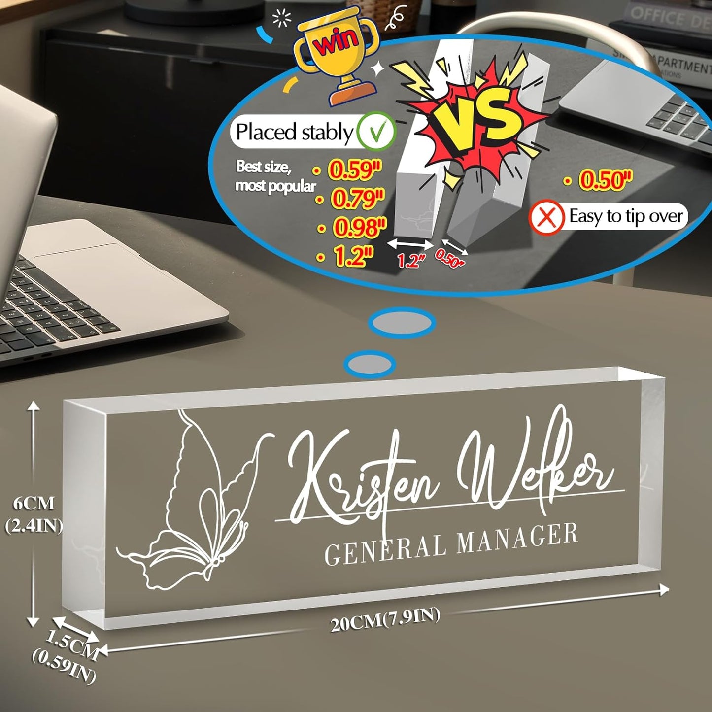 Personalized Name Plate for Desk - Custom Engraved Name Plates for Man - Boss Day Gifts for Boss - Acrylic Office Decor Appreciation Gifts for Teacher Nurse Coworker Social Worker (White Butterfly)