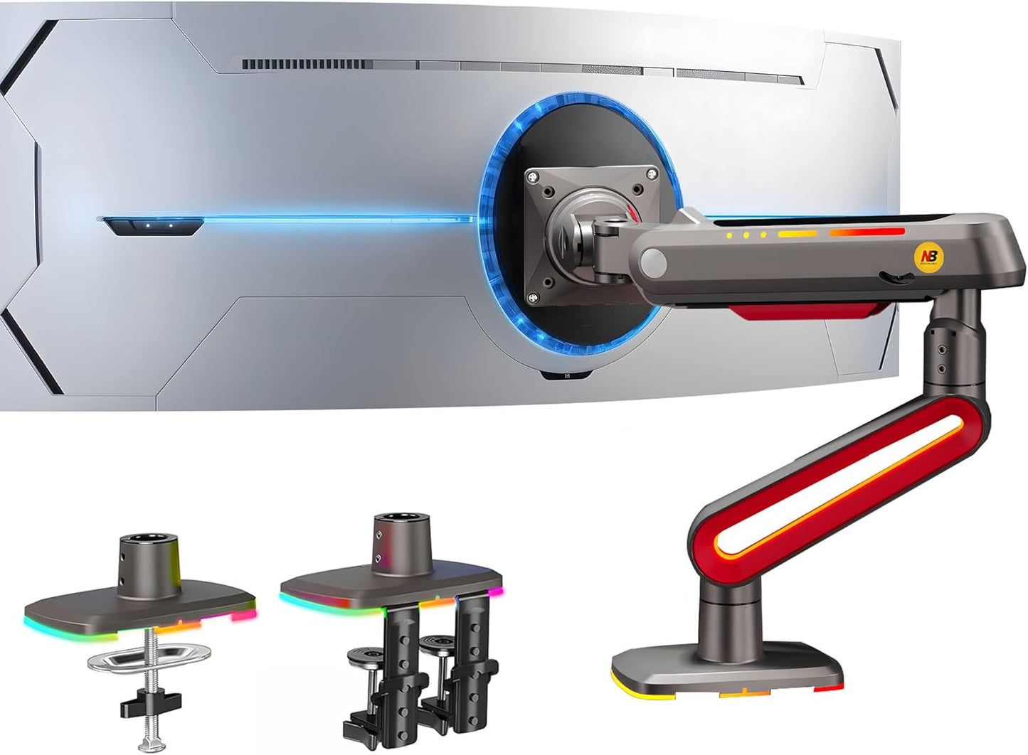 NB Designer Gaming Monitor Arm for 32 to 60 Inches Screen, Load up to 20 kg, VESA 75/100, RGB-Light, Heavy Duty, Multi Angle Adjustable, Premium Aluminum, Long Arm Extension Red