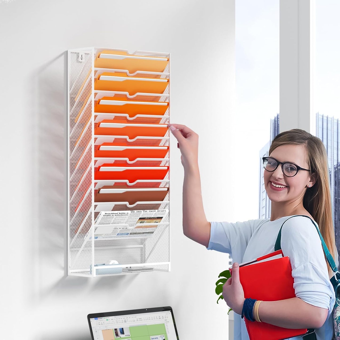 Marbrasse 10-Tier Hanging Wall File Organizer, Wall File Holder for Papers, Files Clipboard & Magazine Organizer, Wall Mount File Holder Great for Office Home (White)