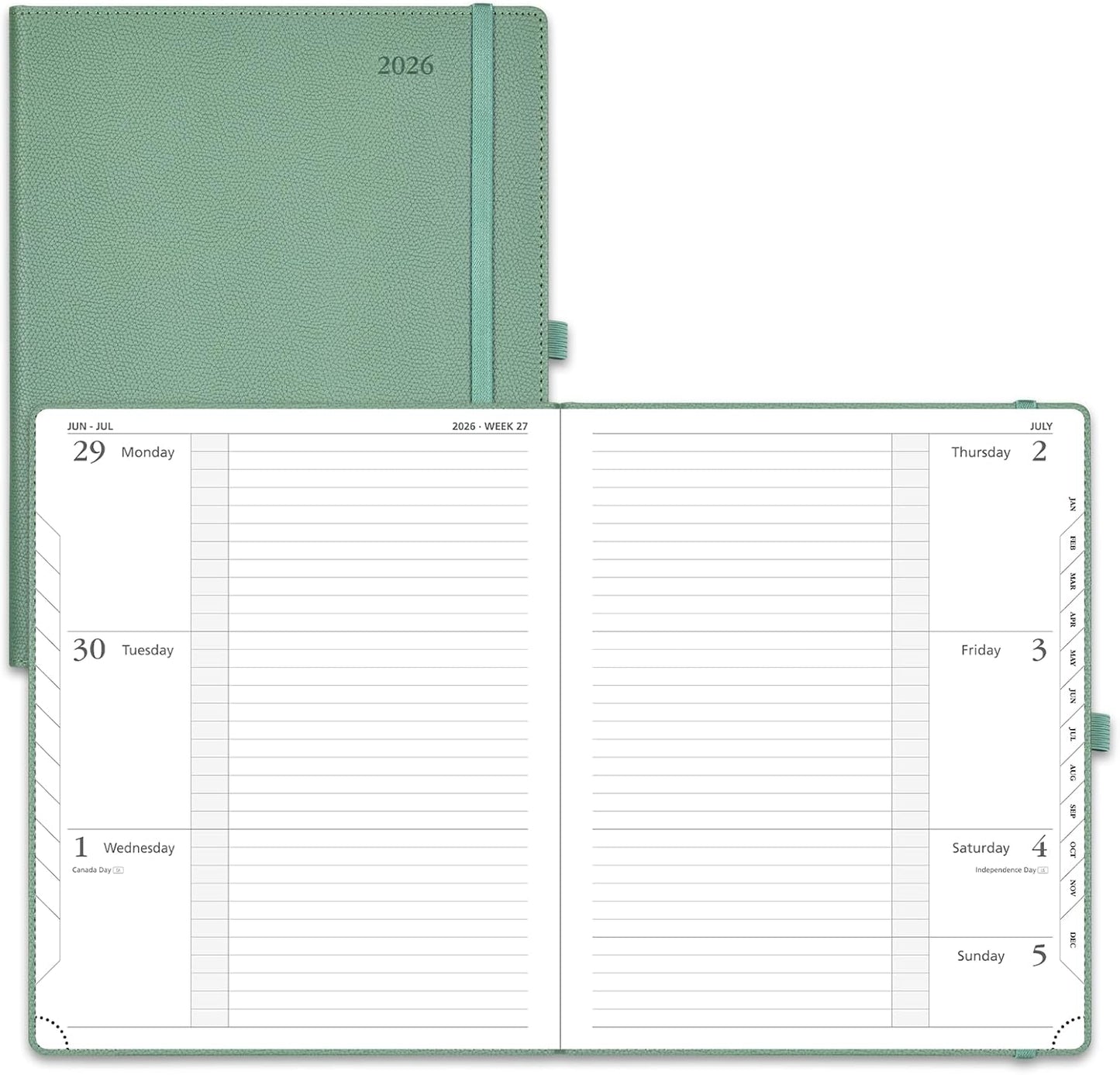 POPRUN Weekly Planner 2026 Calendar (Large 8.5" x 10.5") 12 Months Notebook with Horizontal Layout, Leather Hardcover, Inner Pocket, 100GSM Thick Paper, Pen Holder - Midnight Green