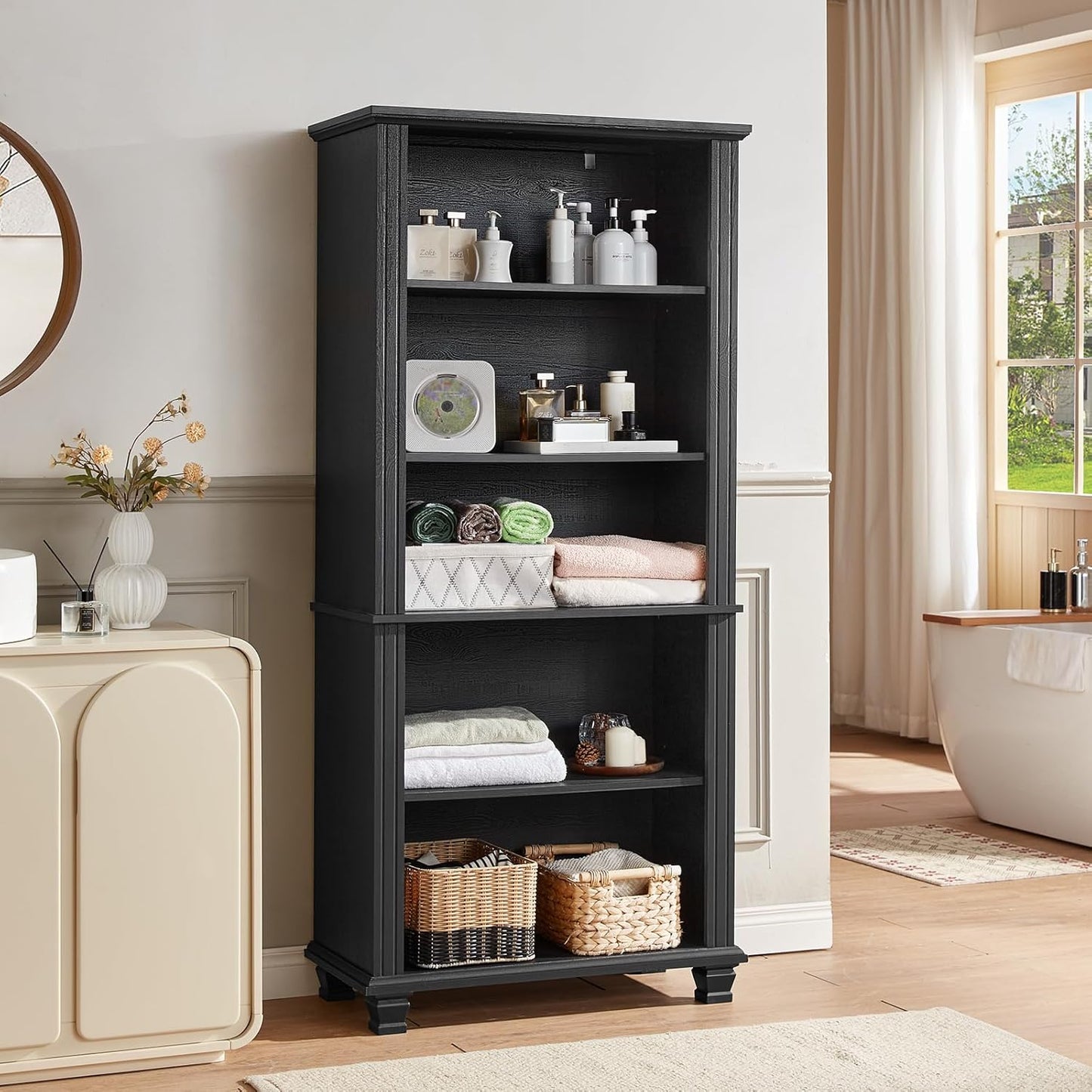 70" Tall Black Bookshelf,5 Tier Wooden Book Shelf with Adjustable Shelves & Wood Legs,Free Standing Farmhouse Bookcase with Open Display Storage,Vintage Bookshelves for Living Room,Office