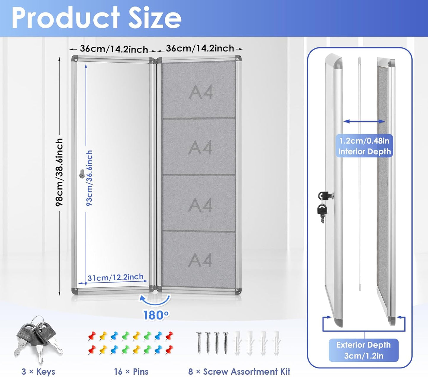 SWANCROWN Enclosed Noticeboard Grey Frabric Bulletin Boards Lockable Display Case Tamperproof with Keys Pins,38x14inch