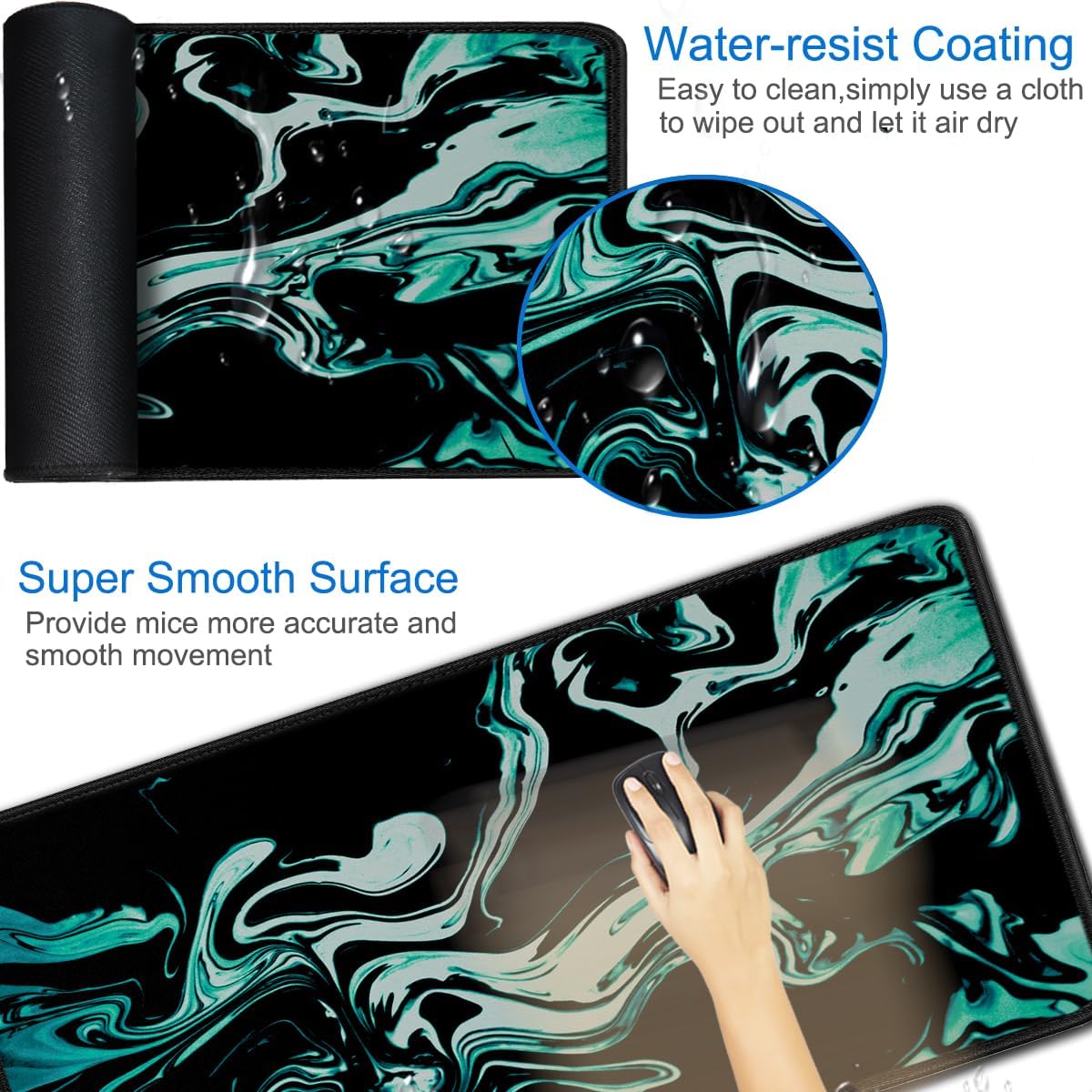 Large Mouse Pad, 31.5x15.7 inch Large Extended Computer Keyboard Mouse Mat, Water Resist Non-Slip Mousepad Rubber Base Long XXL Desk Mouse Pad for Gaming, Office & Home, Marble Cyan