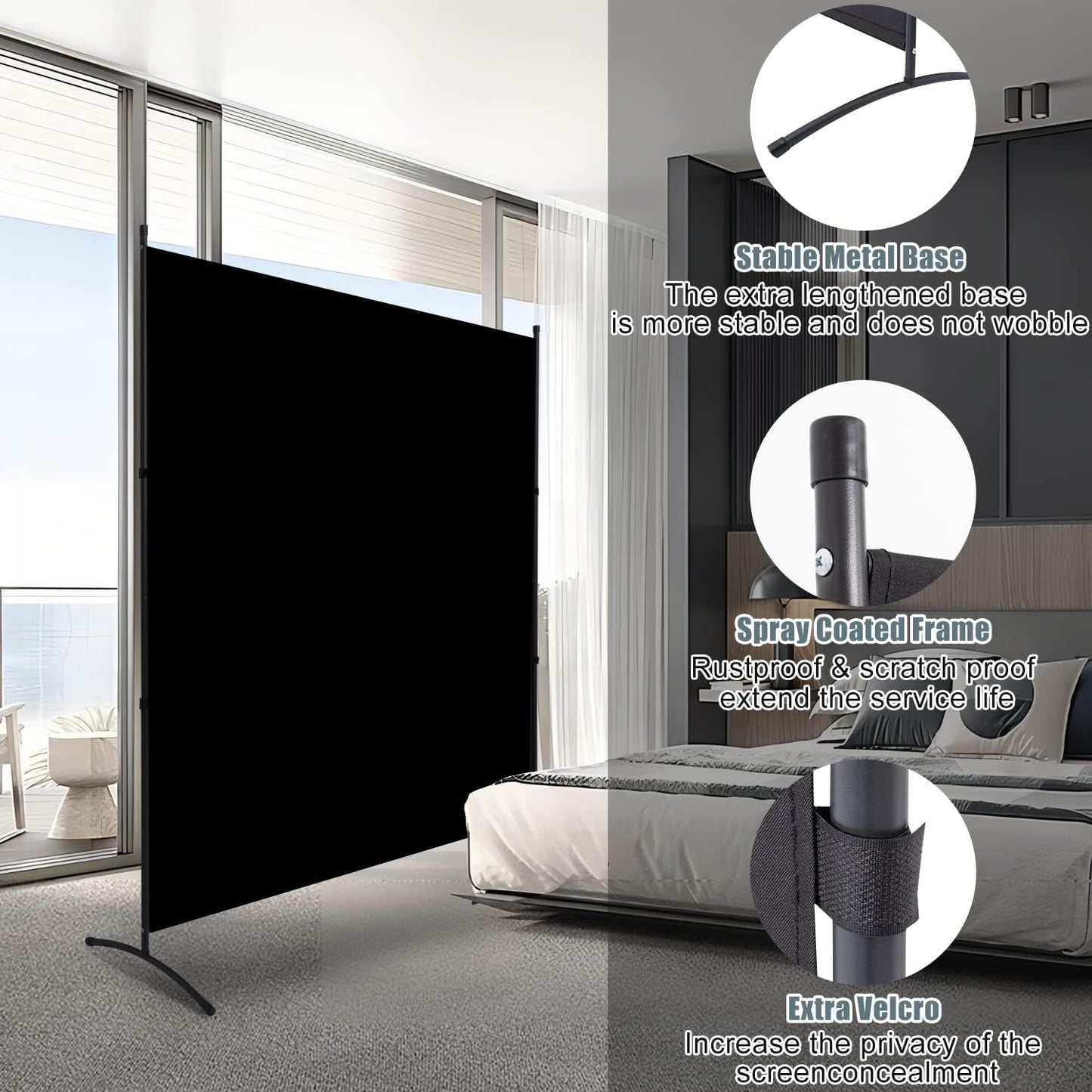 Room Divider 6FT Folding Privacy Screens, Partition Room Dividers w/Freestanding Design, Portable Wall Divider for Room Separtation, Fabric Screen Panel for Home Office Dorm (Black, 1 Panel)