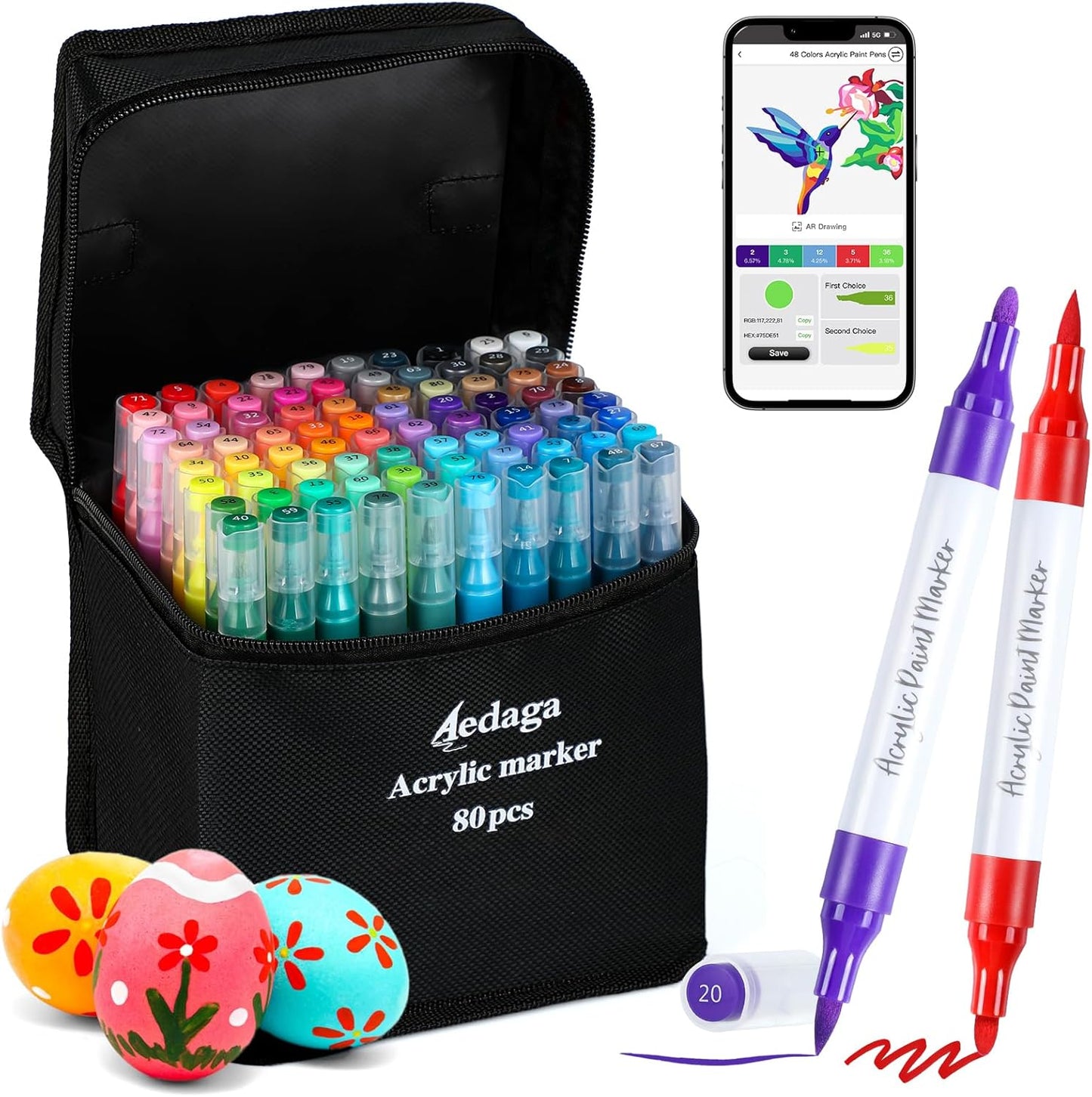 YHC 80 Colors Acrylic Paint Pens with Free App, Dual Tip Acrylic Paint Markers with Brush Tip and Fine Tip for Adults, Kids, Eggs, Wood, Rock, Canvas, Plastic, Stone, Glass, Ceramic