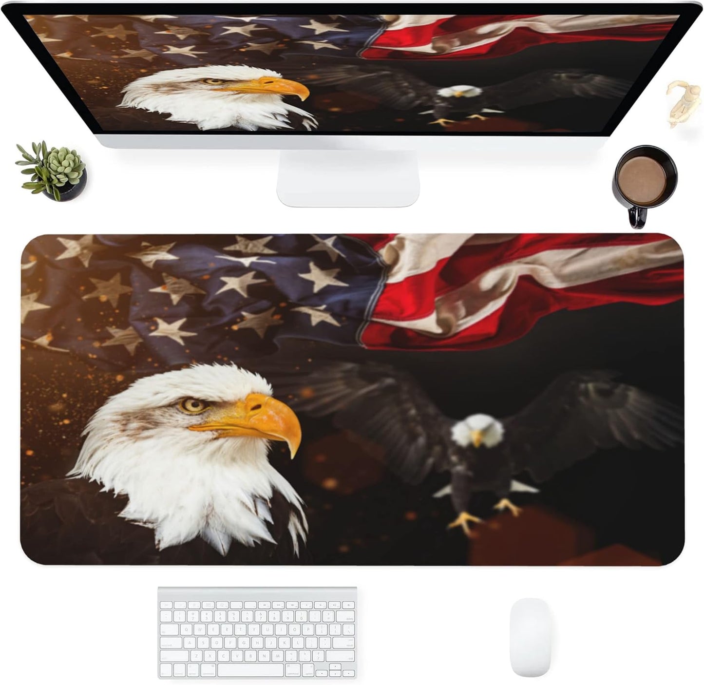 Desk Mat,American Flag Eagle Extended Gaming Mouse Pad for Office Work & Game,Computer Keyboard Mouse Mat Desk Non-Slip Rubber Base Large Mousepad with Stitched Edges, 31.5x15.7inch