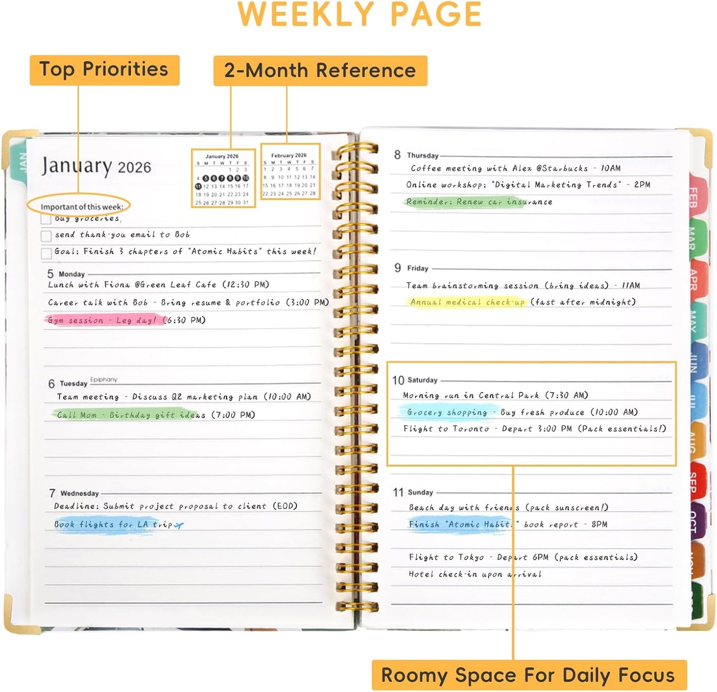 2026 Planner, A5 (6.3"x 8.5") Planner 2026 Jan-Dec, Monthly/Weekly/Daily Tabs with Contacts & Holidays, Hard Cover, Organizer for School and Business Supplies (Wheatear)