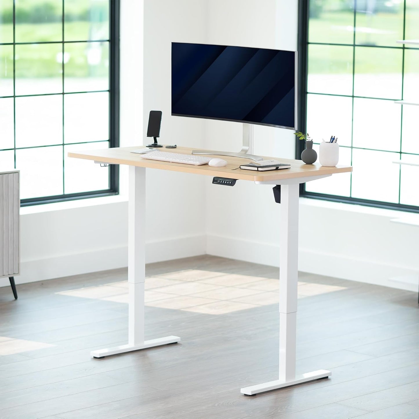 VIVO Electric 55 x 28 in Standing Desk, Memory Height Adjustment, 1B Series, One-Piece Light Wood Top, White Frame, DESK-KIT-1W55C