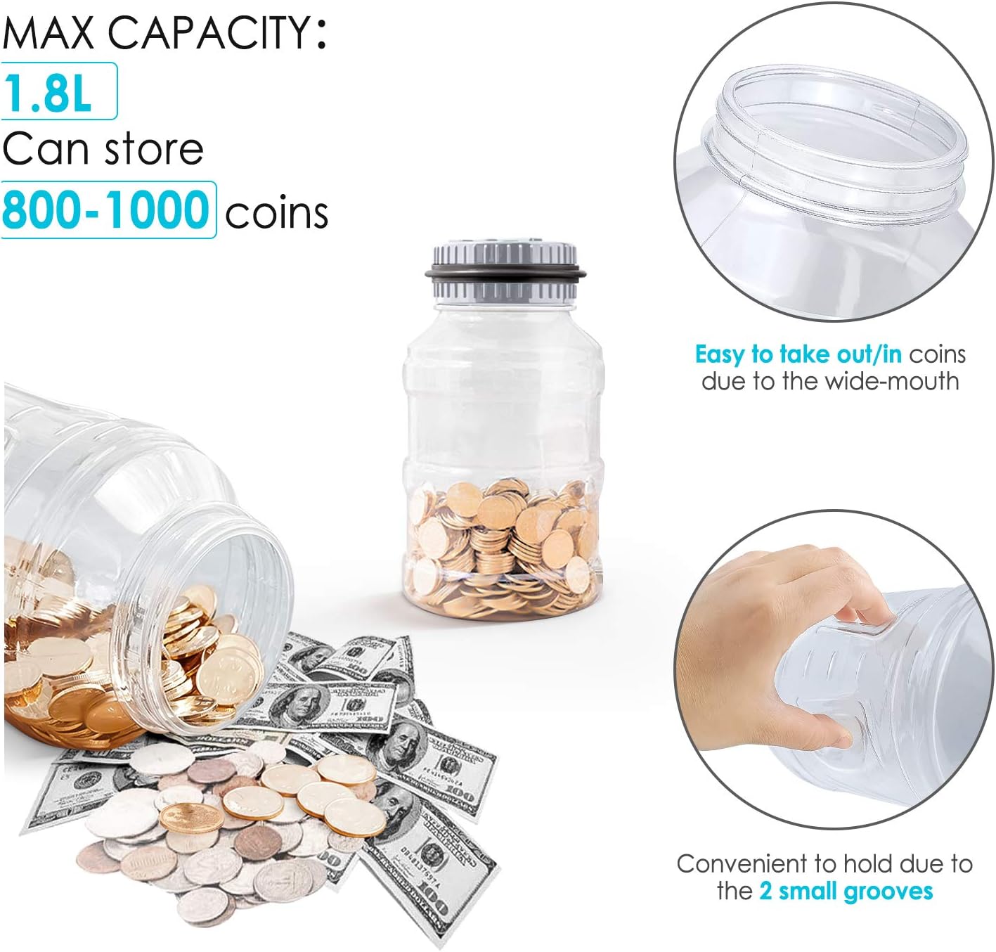 Large Piggy Bank for Boys Adults, Vcertcpl Digital Coin Counting Bank with LCD Counter, 1.8L Capacity Coin Bank Money Jar for Adults, Designed for All US Coins (Gray)