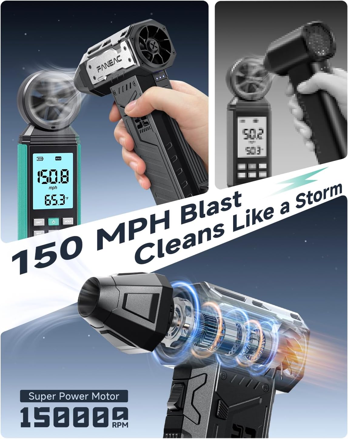 Electric Compressed Air Duster 150mph Wind Speed 2 Battery-Pack 3-Gear BLDC Ultra-Powerful Brushless Motor, for Keyboard, Computer, House, Indoor and Outdoor