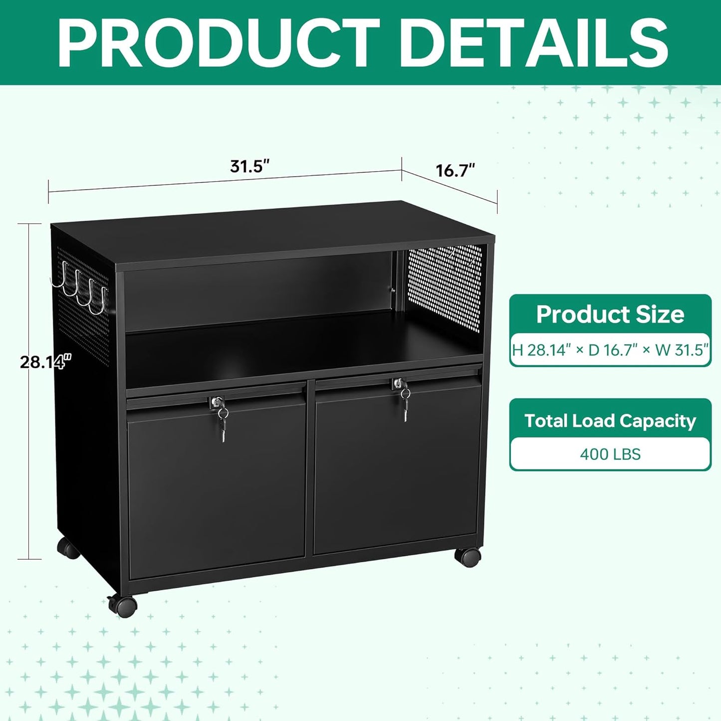 Letaya Mobile 2 Drawer File Cabinet with Lock, Metal Lateral Printer Stand Filing Storage Cabinets with Shelves for Home Office-A4/F4/Letter (Black)