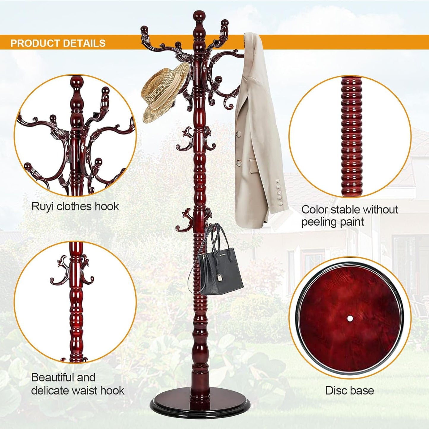 Wooden Coat Rack Free standing 18 Hooks, Vintage Coat Rack Stand for Entryway, Adjustable Height 73", Heavy Duty Coat Tree with Solid Round Base for Home Bedroom, Office (Walnut)