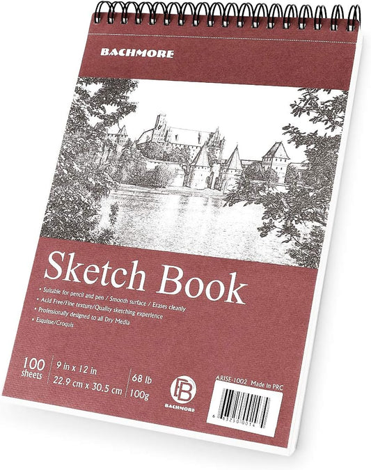 Bachmore Sketchpad 9X12 Inch (68lb/100g), 100 Sheets of TOP Spiral Bound Sketch Book for Artist Pro & Amateurs | Marker Art, Colored Pencil, Charcoal for Sketching