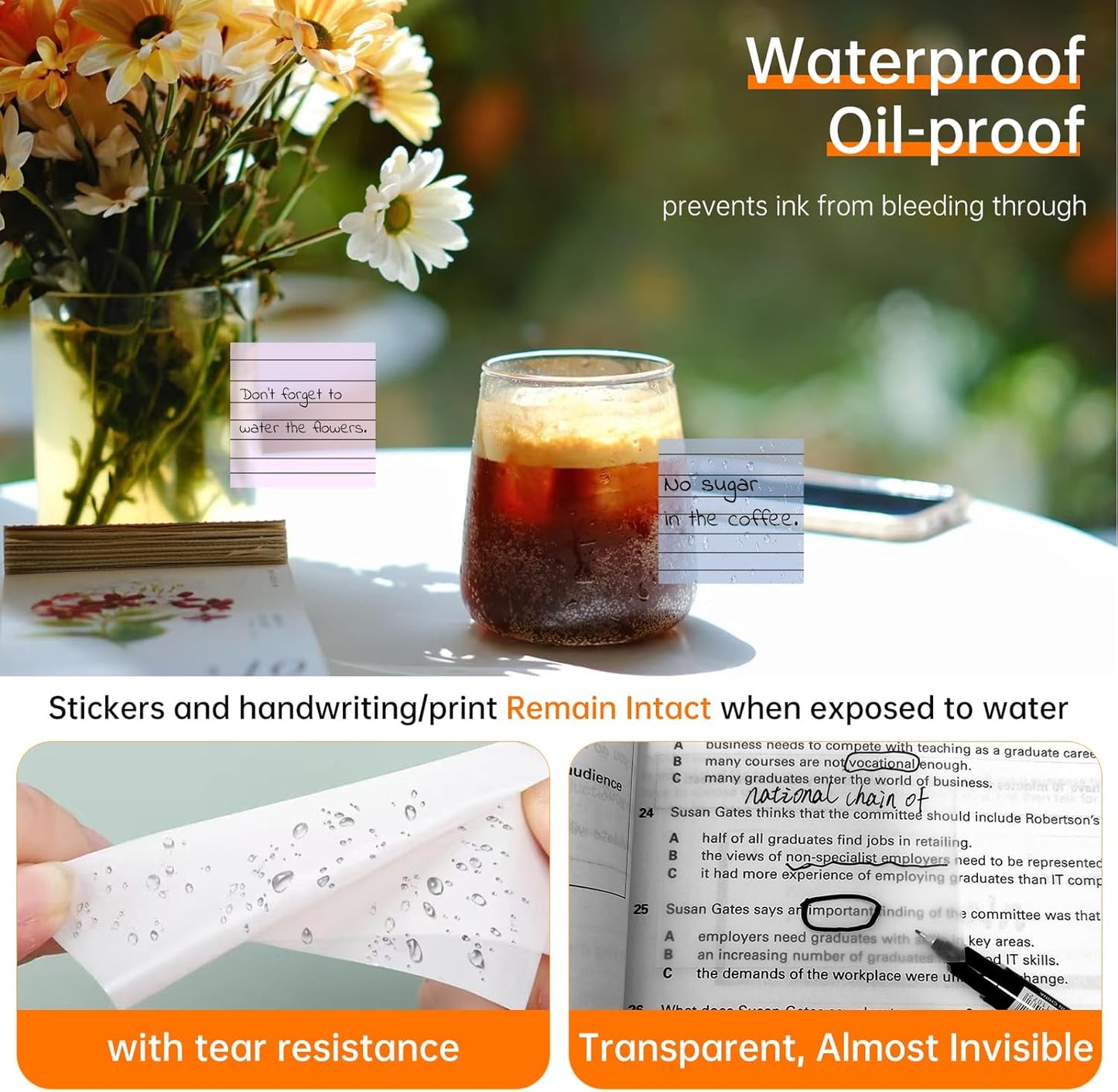 Transparent Sticky Notes with Lines, MEIGAONE 8 Pack Lined Sticky Note 3x3 Super Strong Adhesion, Waterproof Clear Sticky Note for Study, Book,Office,School Supplies