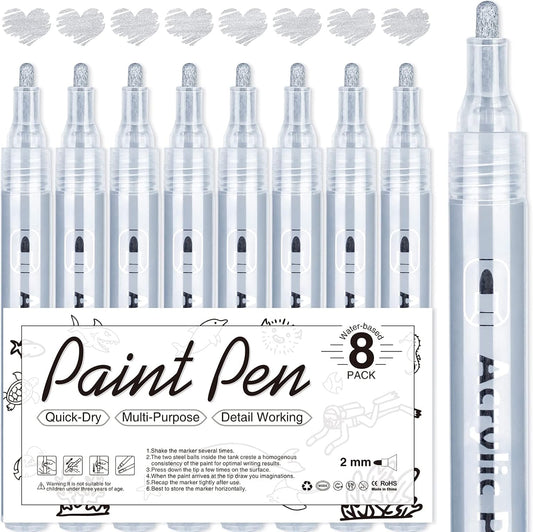 AKARUED Silver Acrylic Paint Markers, 8 Pack Acrylic Silver Paint Pen Sets for Rock Painting, Wood, Stone, Glass, Ceramic, Paper, Drawing, Art Projects, DIY Crafts, Water-Based ink, 2-3mm Medium Tip