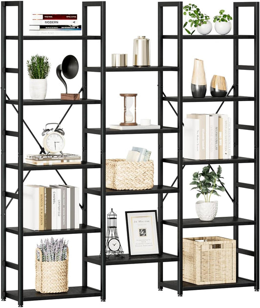 NUMENN Triple Column 5 Tier Bookshelf, Bookcase with 14 Open Display Shelves, Adjustable Rustic Industrial Style Book Shelves, Modern Bookshelves for Bedroom, Living Room and Home Office, Black