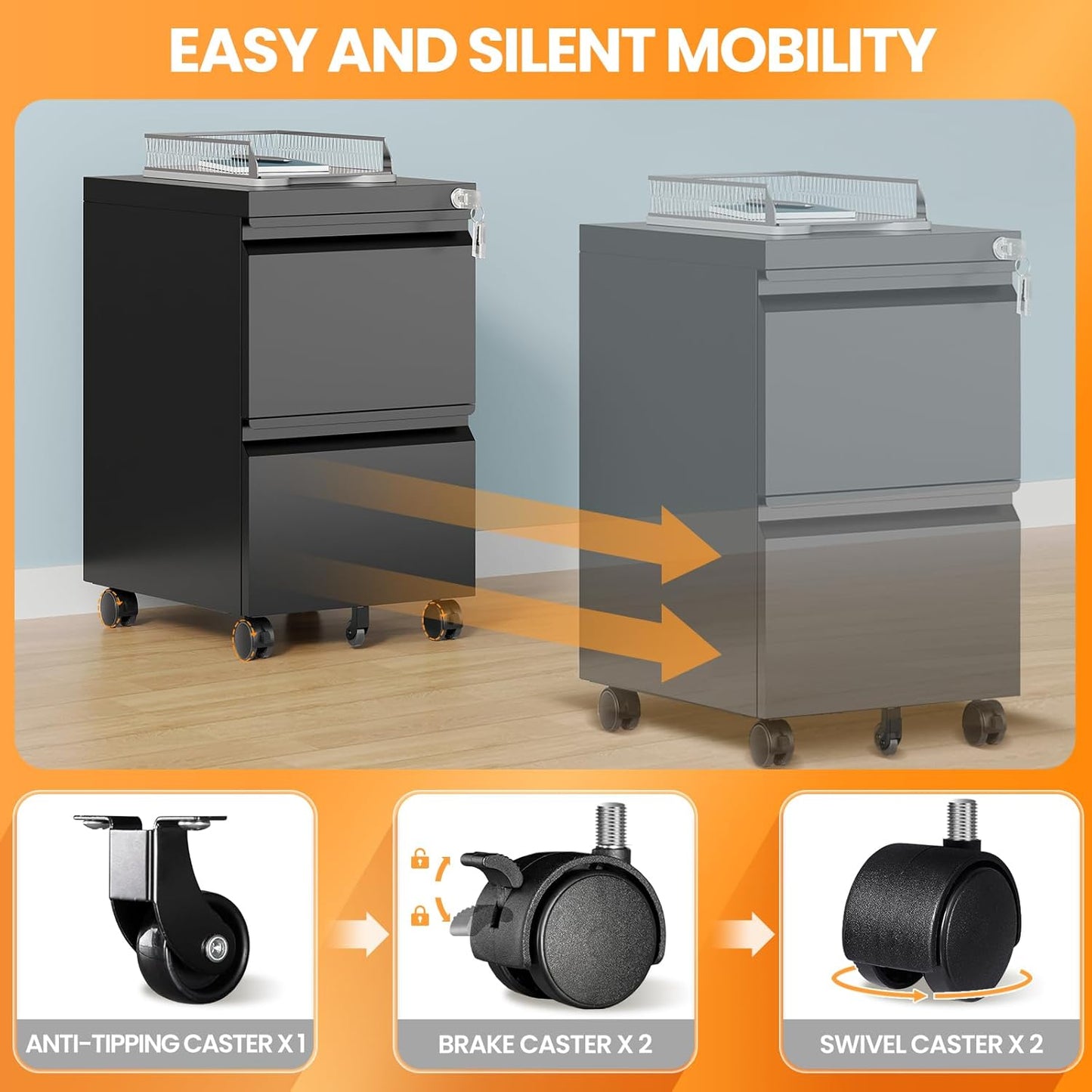 2 Drawer File Cabinet with Lock, Rolling File Cabinets for Home Office, Small Metal Filing Cabinet Office Drawers Under Desk for Letters/Legal/A4 Size, Assembly Required