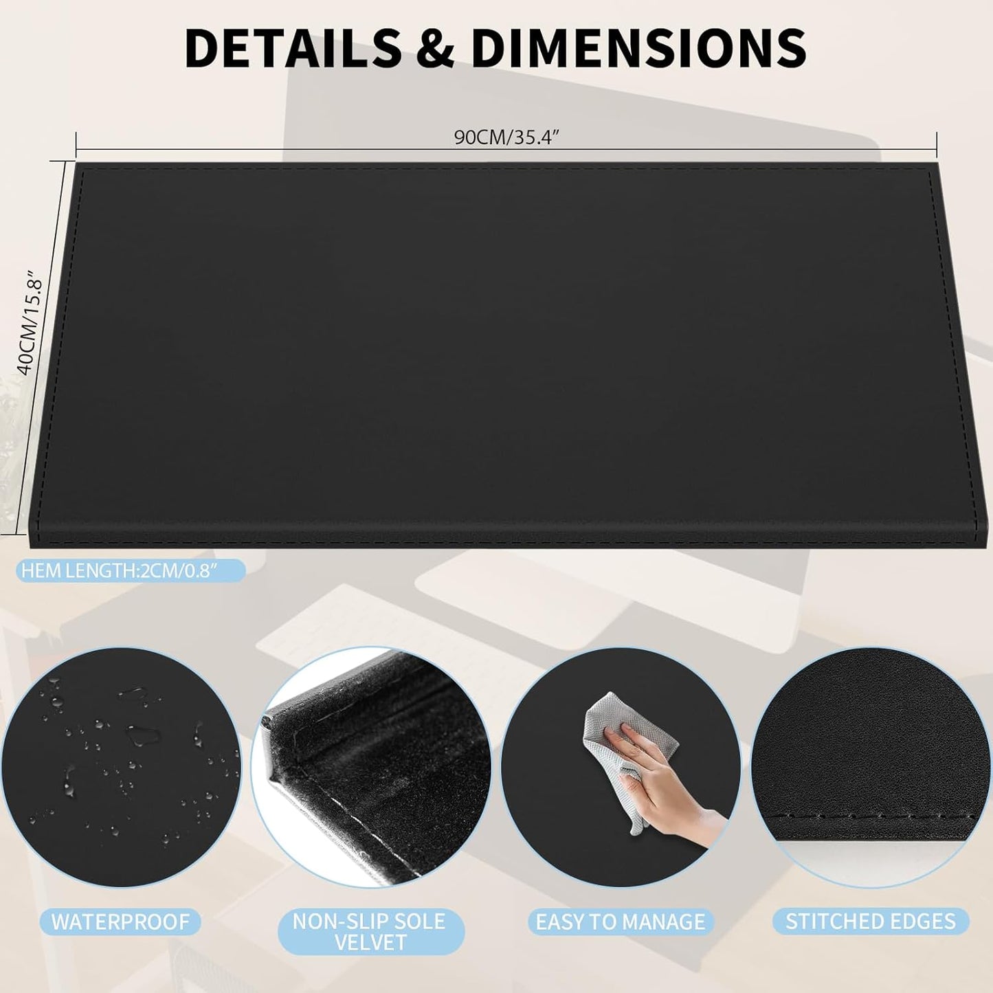 AKOZLIN Non-Slip 35.4"x 15.8" Soft PU Leather Surface Office Desk Mouse Mat Pad with Full Grip Fixation Lip Table Blotter Edge-Locked Protector