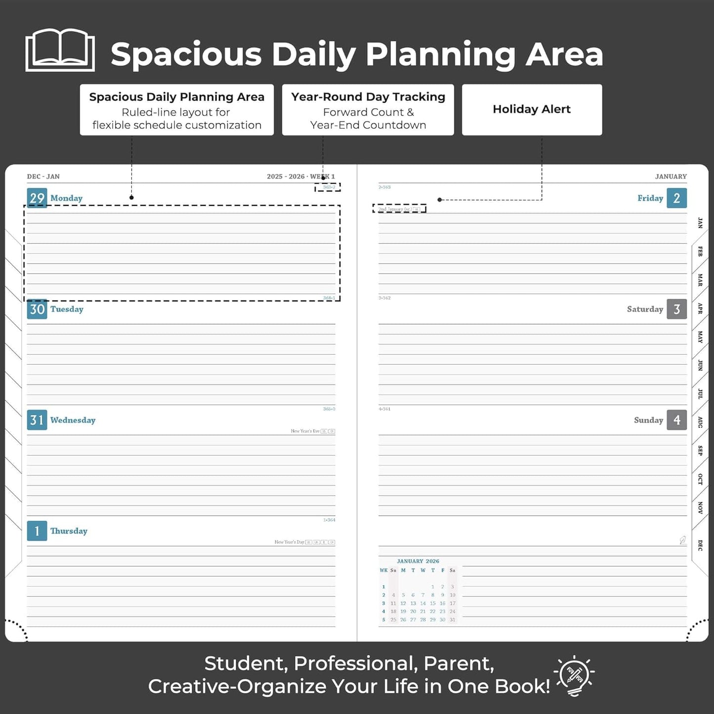 Planner 2026 Daily Weekly and Monthly,11.5"x8.5",12 Months Spiral Bound Calendar Agenda with Self-adhesive Pen Holder,2026 Appointment Book with Vegan Leather Soft Cover,Black
