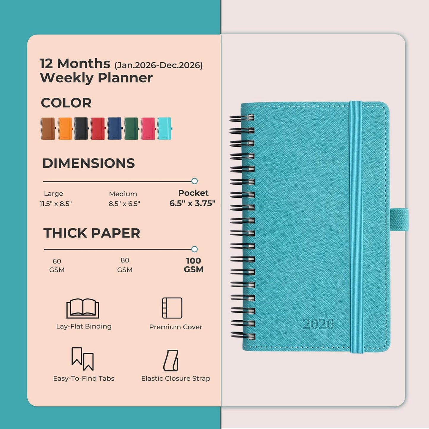 Planner 2026 Daily Weekly and Monthly,6.5"x3.75",12 Months Spiral Bound Calendar Agenda with Self-adhesive Pen Holder,2026 Appointment Book with Vegan Leather Soft Cover,Light Blue