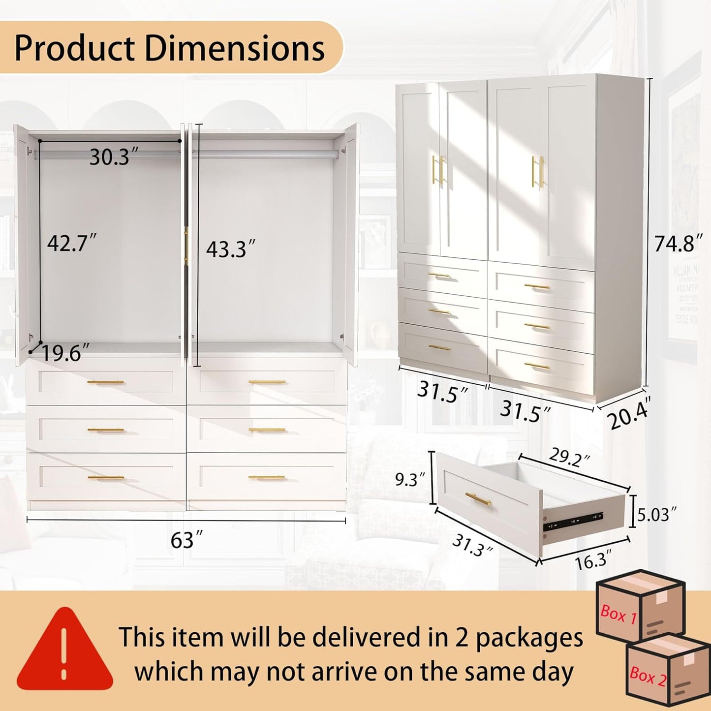 White Wardrobe with 4 Doors: 75" Tall Armoire Wardrobe Closet with 6 Drawers, Bedroom Closet Cabinet for Hanging Clothes, Wooden Storage Armoire with Shelves (Modern, 2)