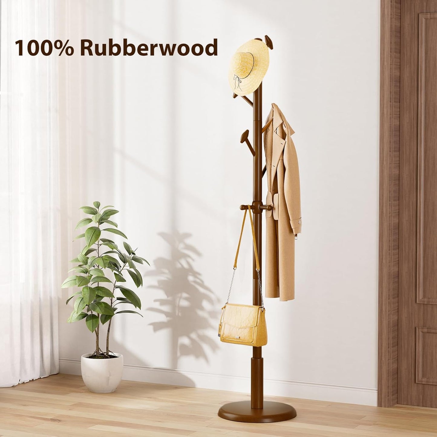 Solid Wood Coat Rack Freestanding Coat Tree with 10 Hooks for Bedroom, Livingroom, Entryway, Sturdy Coat Hanger Stand for Hats, Coats, Scarves, Handbags, Purses