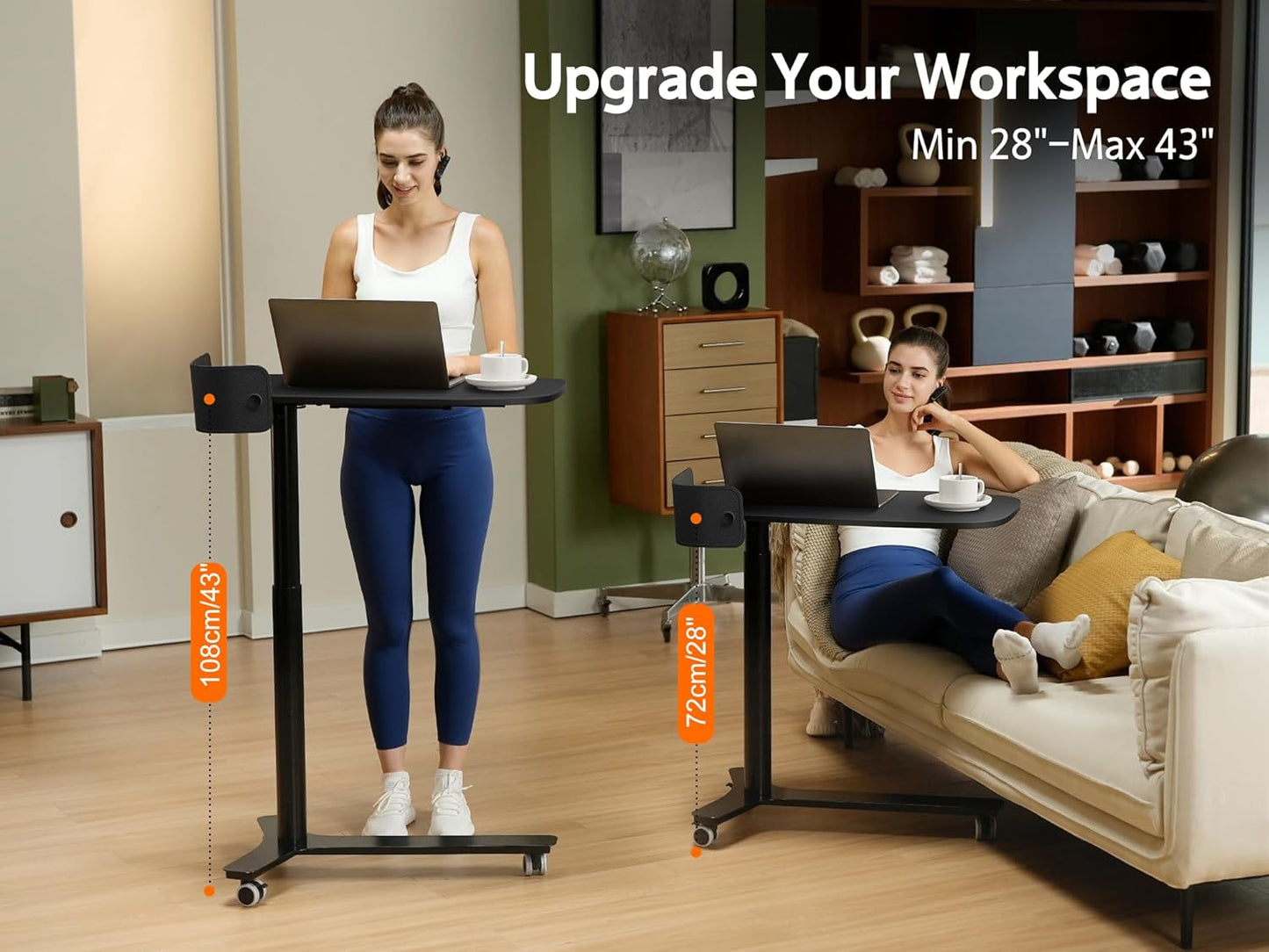 Rolling Adjustable Height Desk with Drawer and Wheels, Portable Small Standing Desk Pneumatic for Home Office, Mobile Computer Laptop Cart, Medical Sofa Overbed Table, Black