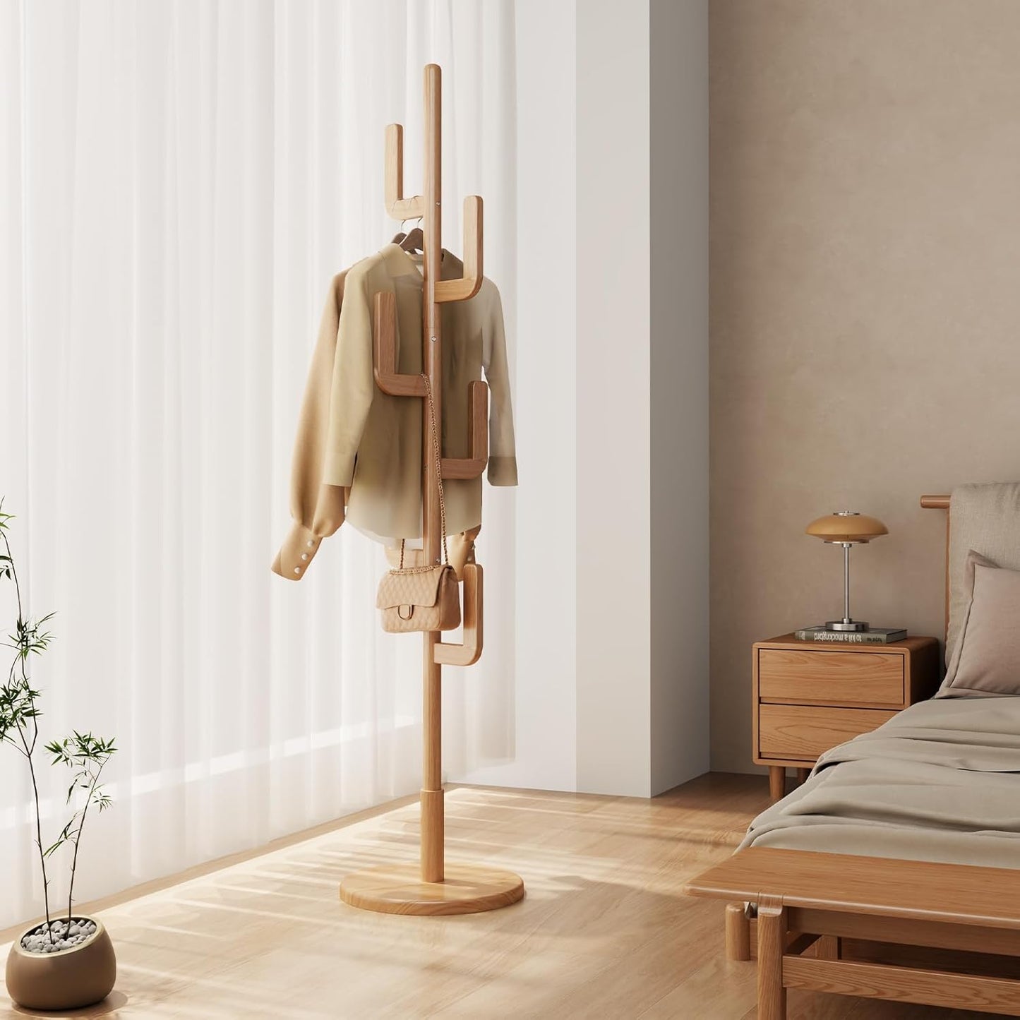 Solid Wood Cactus Coat Rack, Freestanding Coat Rack With 6 L-Shaped Hooks and 3 Adjustable Sizes, Coat Tree for Bedroom, Entryway, Livingroom, Coat Hanger Stand for Coats, Handbags (Natural)