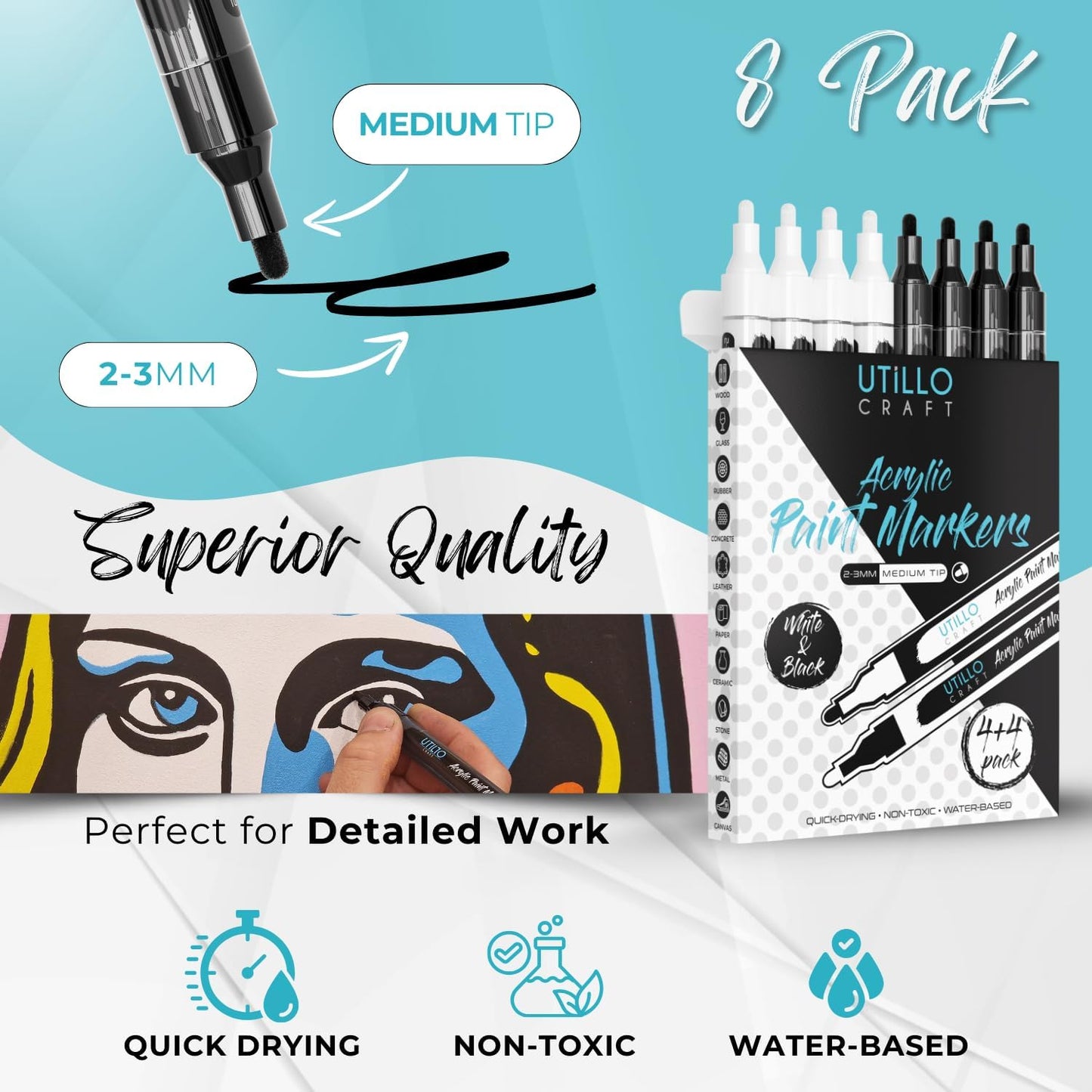 Utillo Craft White+Black Paint Pen (8-Pack) Medium Tip Made in Japan | Bold Color+100% Coverage | For Rock, Wood, Glass, Paper, Fabric, Canvas, Metal and More! | 2-3mm Paint Pens | Acrylic Paint Pens