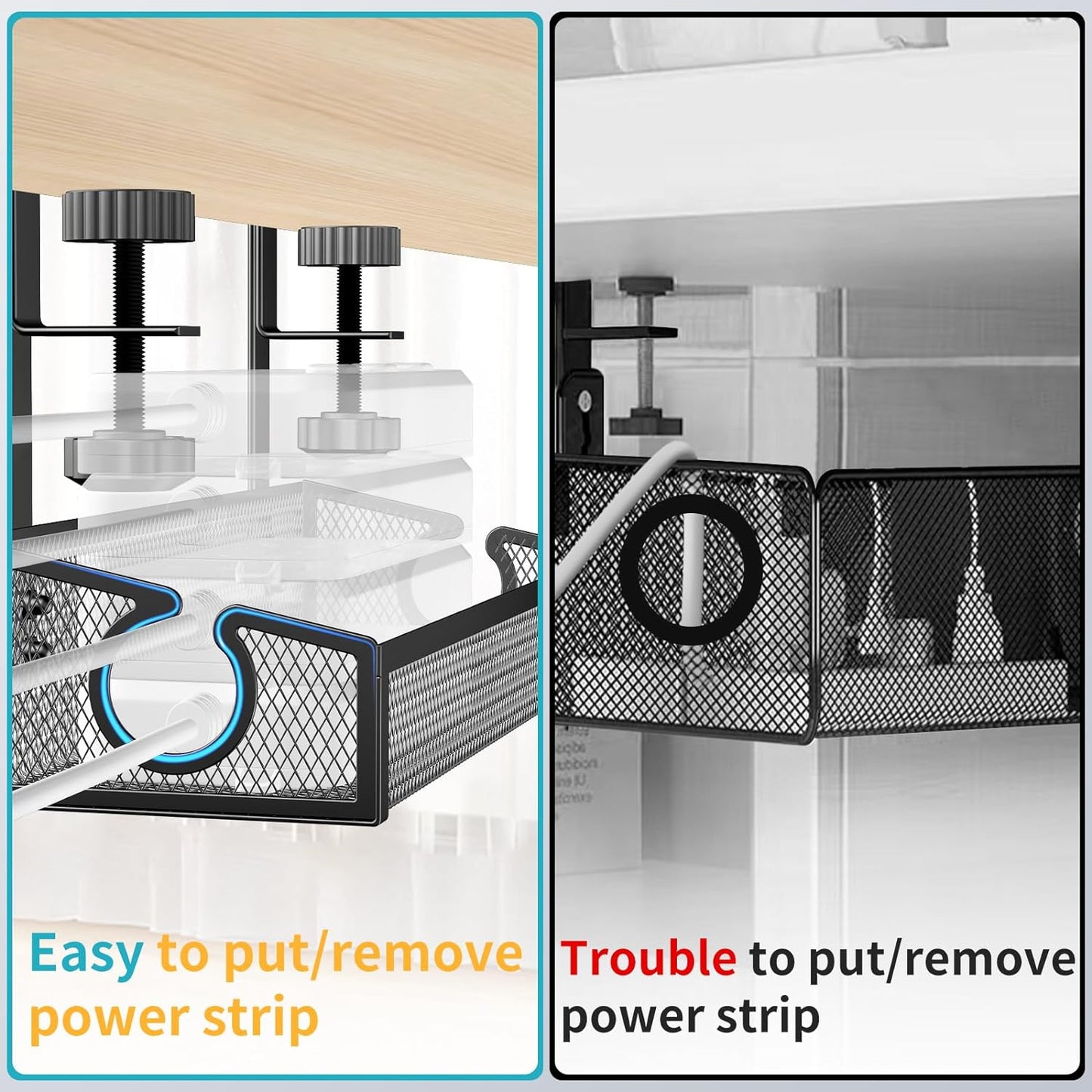 Under Desk Cable Management Tray Black, No Drill Organizer With Clamp for Wire Management, PC Cord Accessories & Workspace Organizers for Office, Home