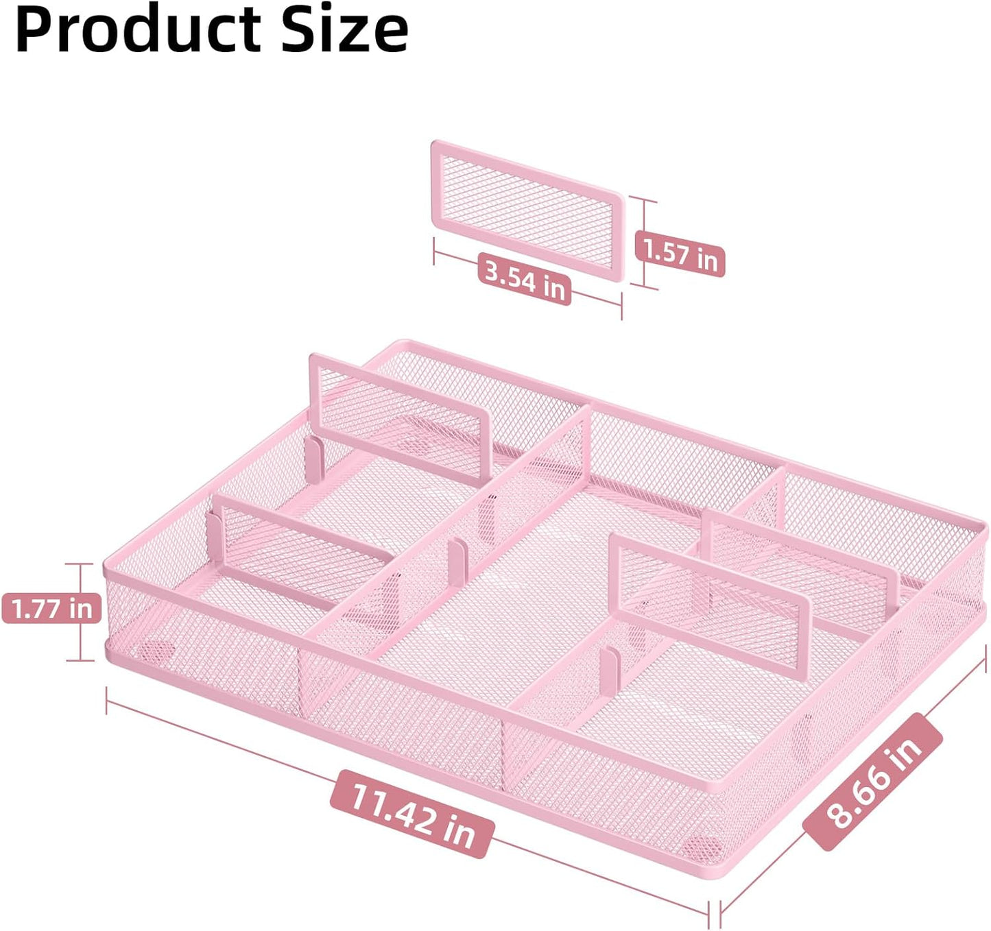 Marbrasse Pink Desk Drawer Organizer, Metal Mesh Drawer Organizer Tray with 5 Adjustable Compartments,Desk Organizers and Accessories for Home,Office,Kitchen,Makeup,Vanity (Pink)