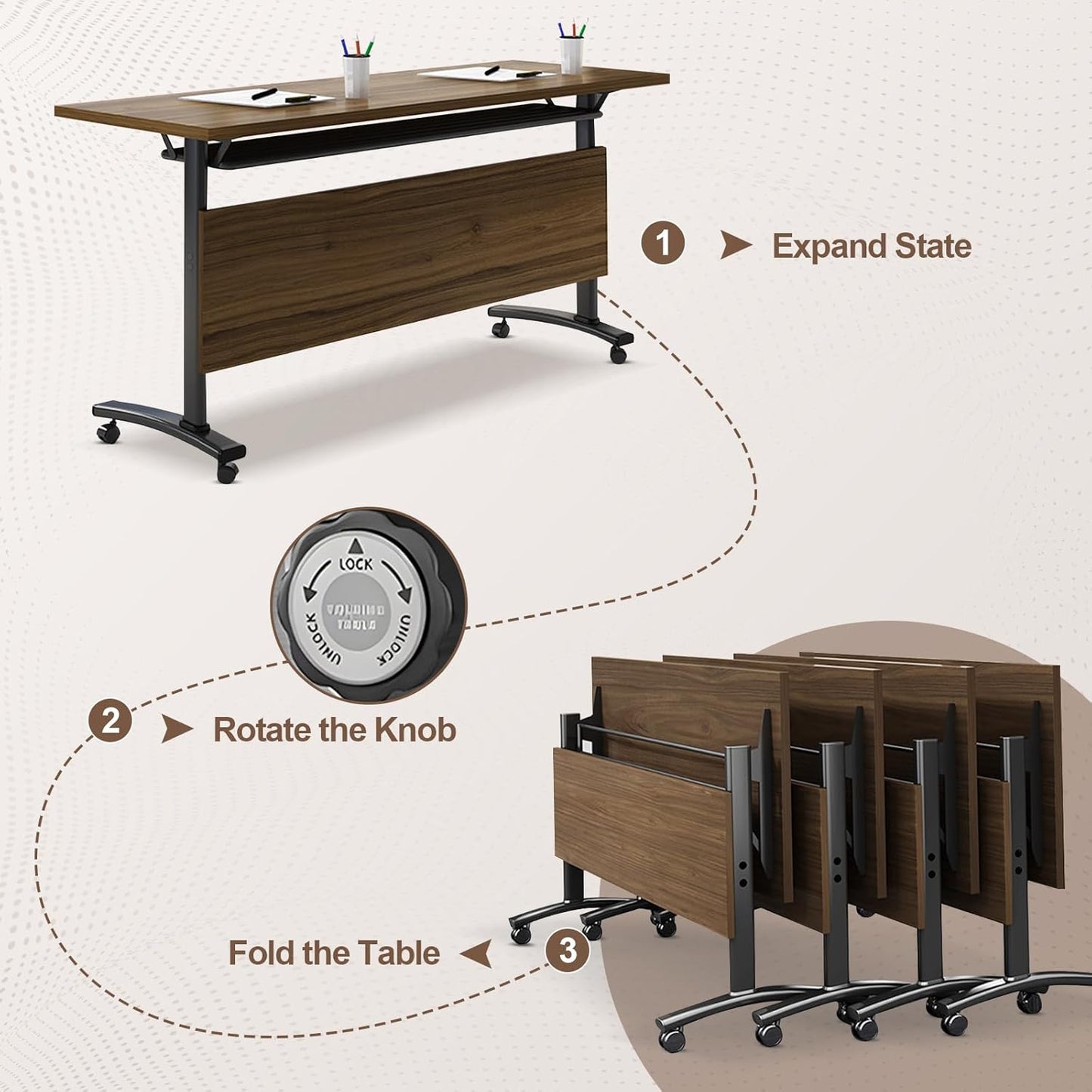 Folding Conference Room Table, Modern Conference Tables with Wheels, Large Rectangular Mobile Training Tables for Office Classroom, Foldable Modular Boardroom Seminar Table Walnut (2pack L55.1in)
