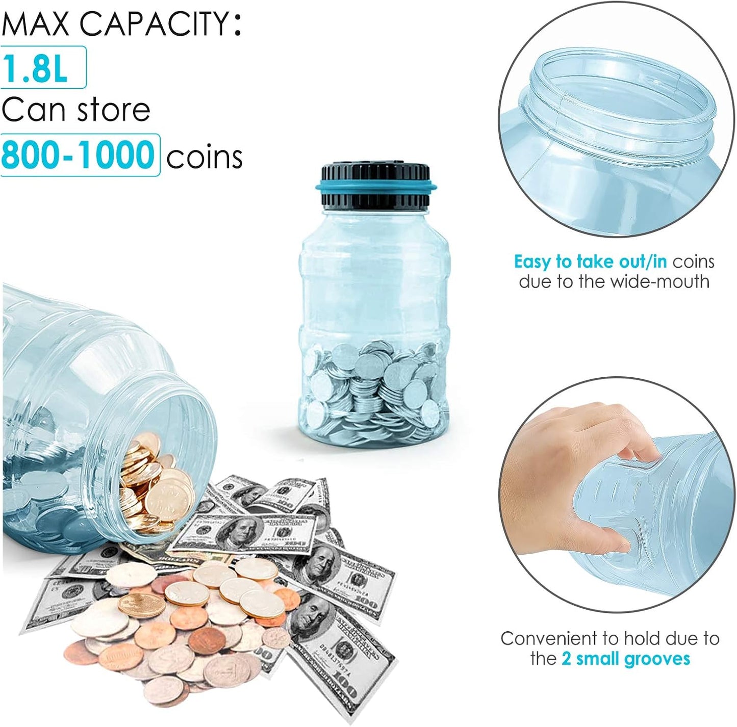 Large Piggy Bank for Boys Adults, Vcertcpl Digital Coin Counting Bank with LCD Counter, 1.8L Capacity Coin Bank Money Jar for Adults, Designed for All US Coins (Blue2)