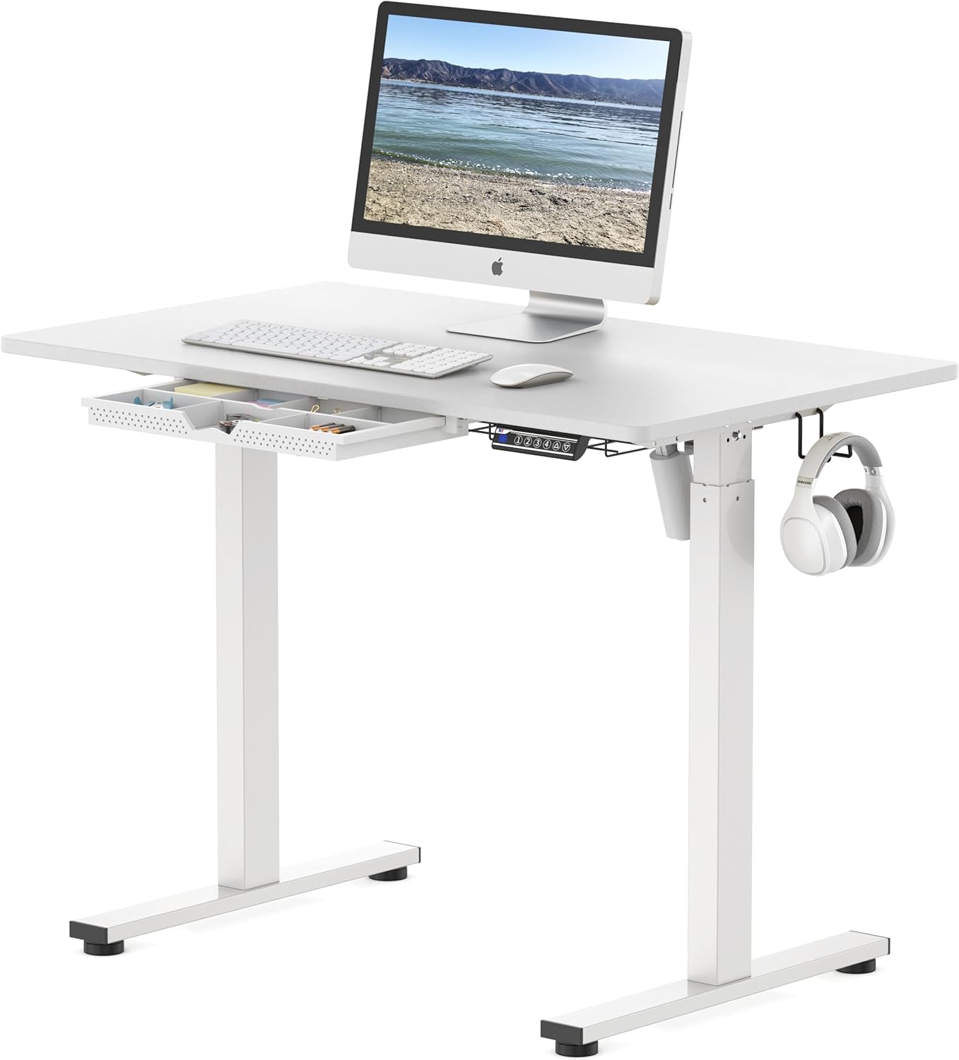 SHW 40-Inch Electric Height Adjustable Standing Desk with Drawer, Memory Preset and Cable Management Tray, White