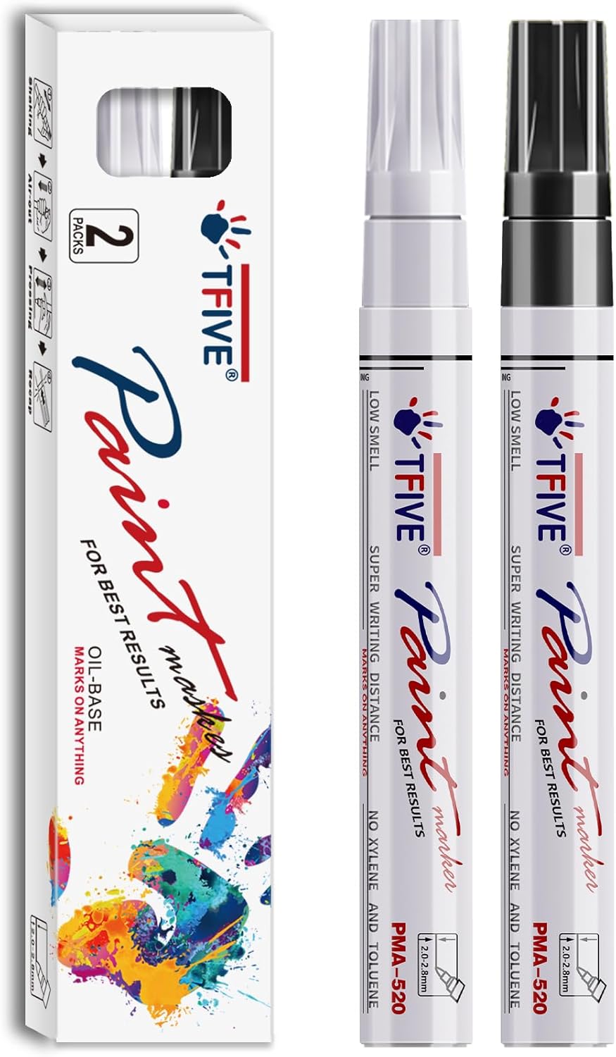 TFIVE Permanent Paint Marker Pens - 2 Pack Black & White Oil Based Marker Pen, Medium Tip, Waterproof & Quick Dry, for Office, Art, Rock Painting, Ceramic, Glass, Wood, Plastic, Metal, Canvas