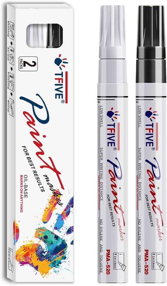 TFIVE Permanent Paint Marker Pens - 2 Pack Black & White Oil Based Marker Pen, Medium Tip, Waterproof & Quick Dry, for Office, Art, Rock Painting, Ceramic, Glass, Wood, Plastic, Metal, Canvas