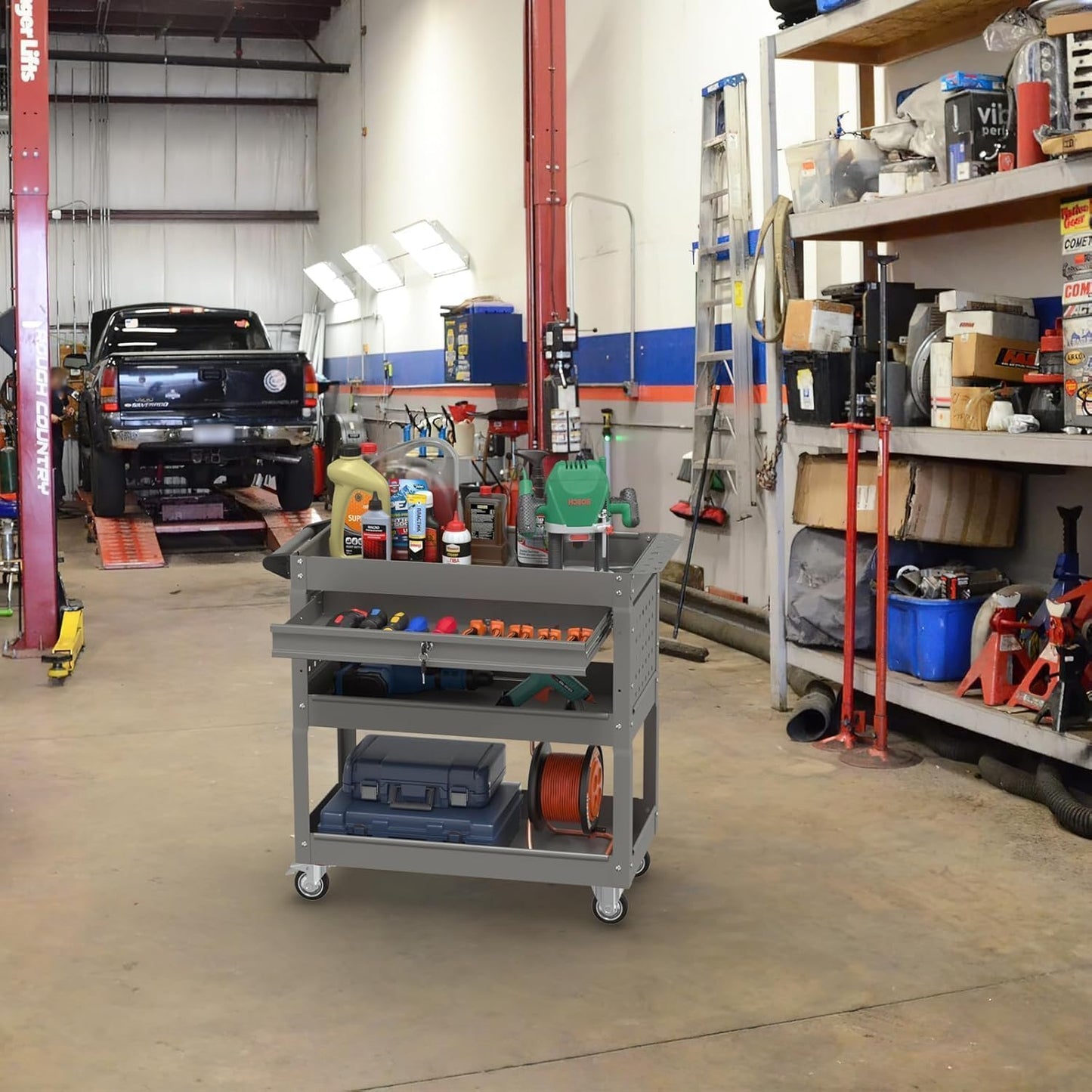 3 Tray Rolling Tool Cart, 400 LBS Capacity Mechanic Tool Carts on Wheels, Heavy Duty Utility Cart with Drawers, Metal Work Cart for Garage, Warehouse and Repair Shop, Grey