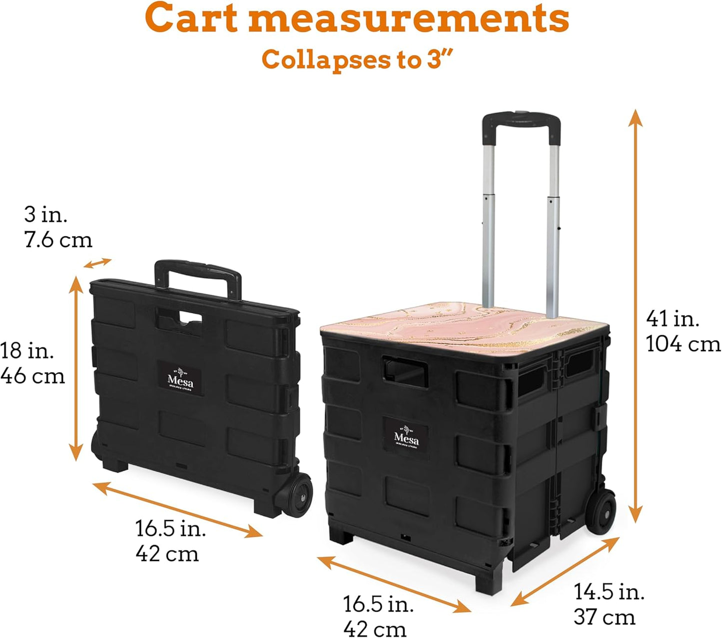 Inspired Living Collapsible Ultra-Slim Pack-N-Roll,2 Wheel Utility Cart w/Lid Used as Seat up to 250 Lbs, Telescopic Handle, Super Strong, for Home,Garden,Shopping,Office,School, Large, Pink Marble