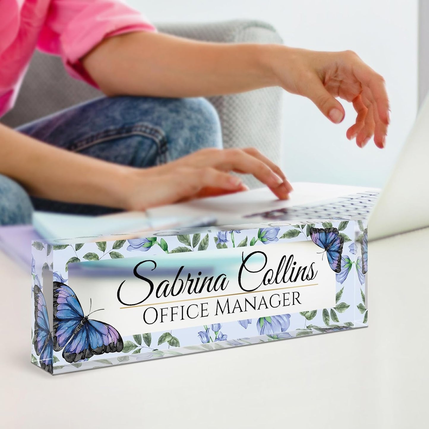 Name Plate for Desk, Desk Name Plate Personalized, Office Decor for Women Men, Acrylic Desktop Accessories, Office Appreciation Gifts for Boss Social Workers Nurse Teacher Employee (Blue Butterfly)